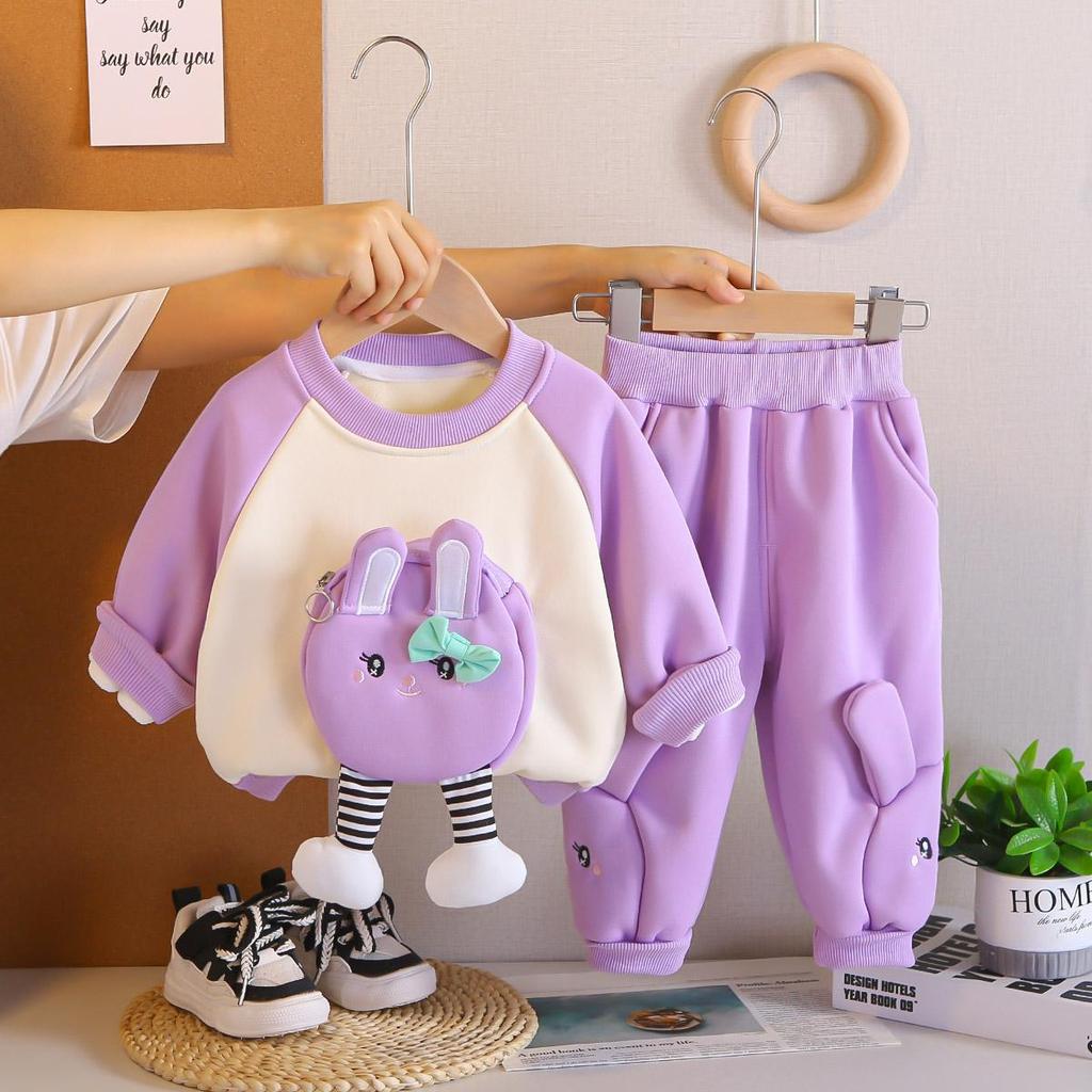 Ensemble 2 pièces à manches longues pour filles de 0 à 5 ans, Sweat à capuche mignon en polaire avec poche pour filles, pantalon décontracté, Vêtements pour enfants de haute qualité