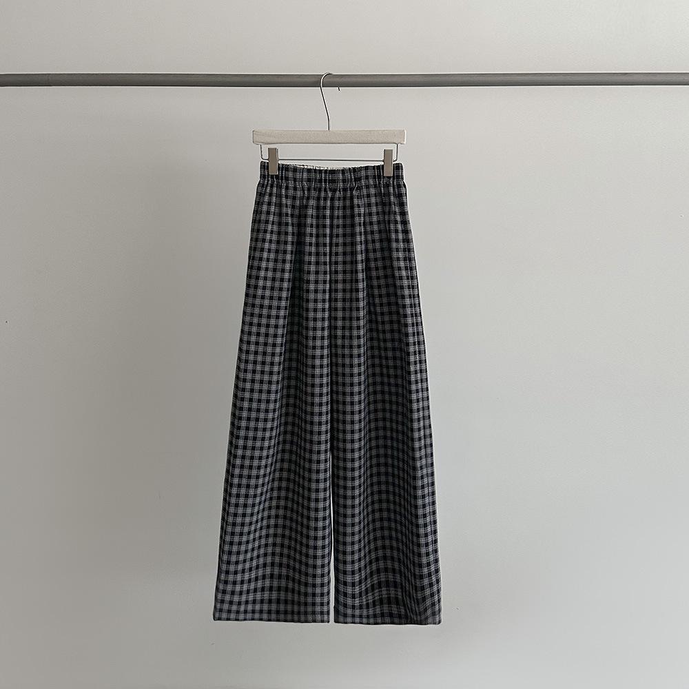 Evertrue Women s Wide-Leg Plaid High-Waisted Cotton Pants - Spring 2026 Korean Style Long Trousers Small