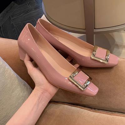 ~ Classic Elegance and Light Mouth Temperament Square Head Versatile High Heel Thick Heel Square Buckle Single Shoes