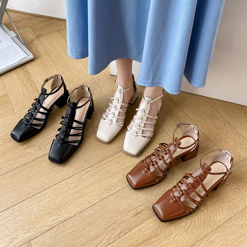 Fashion HOT SALES Summer Shoes Women Square Toe Cover Heel Gladiator Modern Sandals Geunine Leather Chunky Heel High Heel Woven Sandals