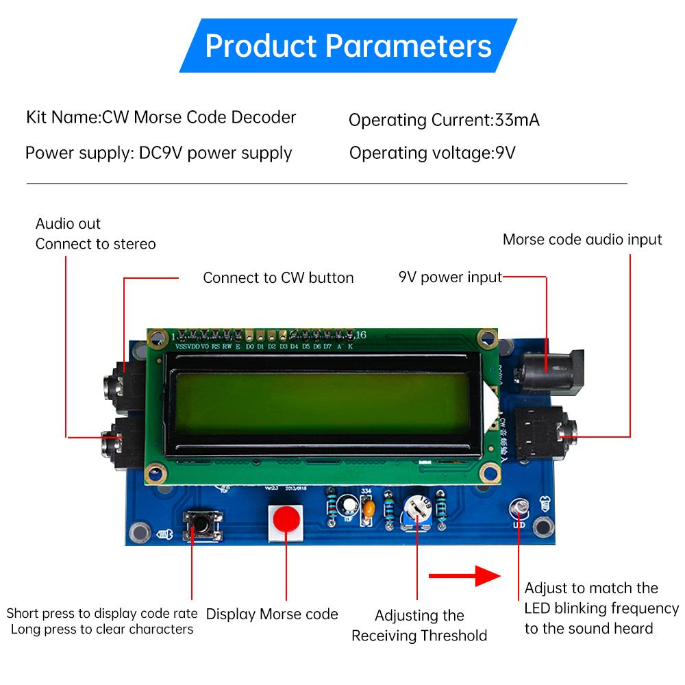 DC 9V CW Morse Code Decoder Parts Circuit Board Welding Exercise Electronic DIY Kit For Students and Electronics Enthusiasts