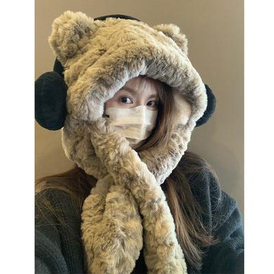 Thickened Cute Headphones Bear Hat Scarf Plush Ear Protection Lei Feng Hat Pullover Hat