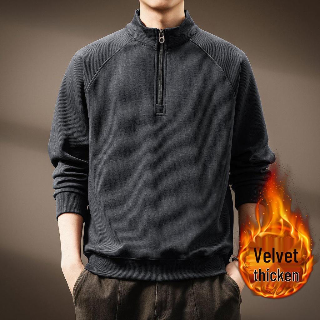 Men's Retro Half-Zip Heavyweight Hoodie - Winter Velvet, Loose Fit, Stand Collar, Large Size.