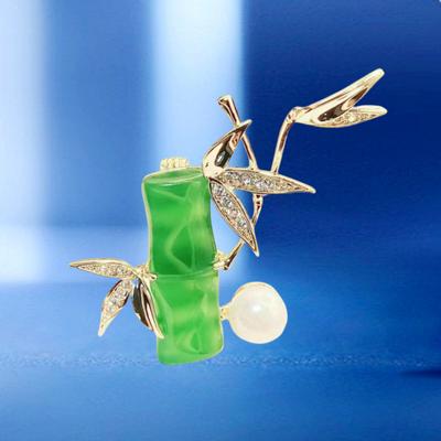 Guofeng Natural Pearl Green Zircon Bamboo Brooch High-End Temperament Suit Corsage Versatile Decorative Pin