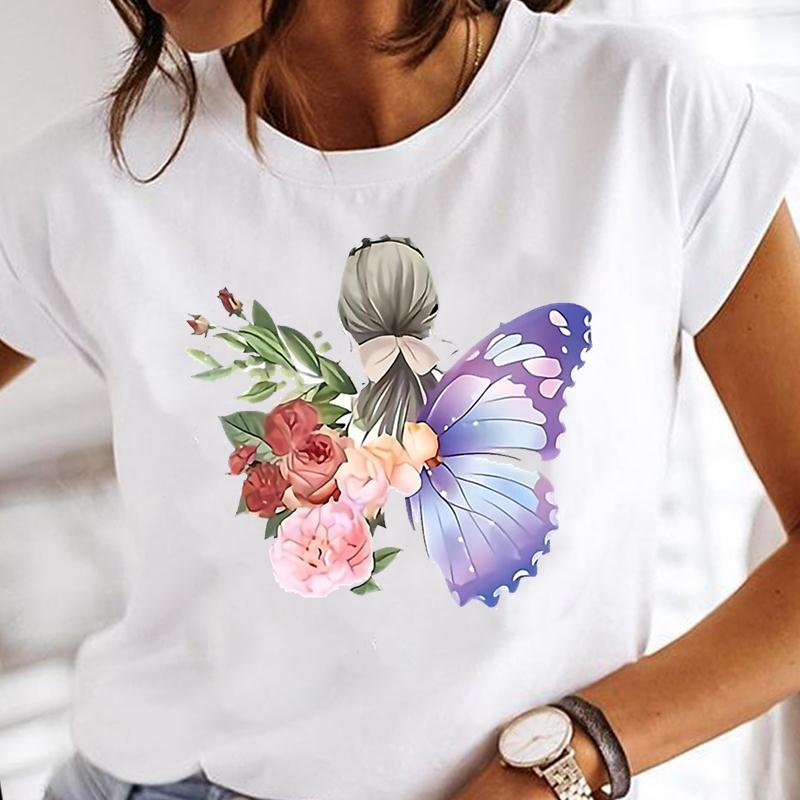 (European Size) Summer Fashion Dragonfly Dandelion Plant Short Sleeve Women Print Tee Top T-shirt  Lady Female Clothing Casual Graphic T-shirt
