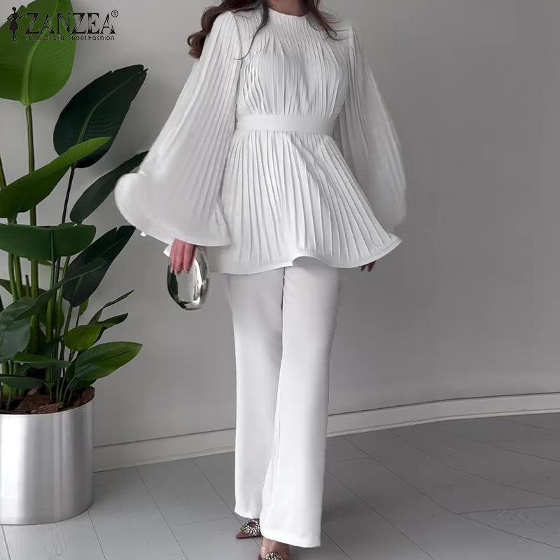 ZANZEA Women Long Sleeve Pleated Blouse and Pants Casual Two Piece Suit Sets