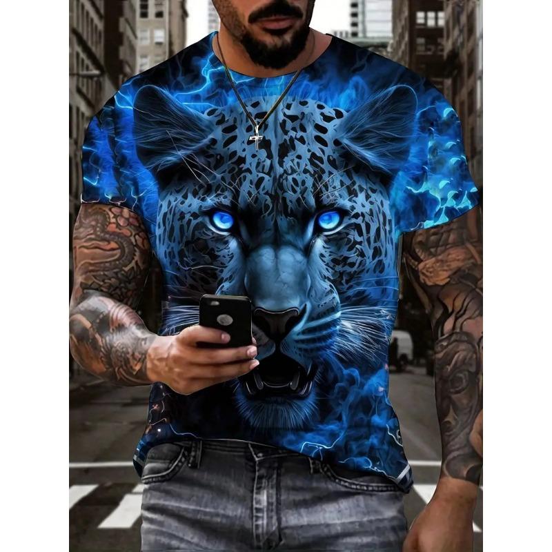 Summer Round Neck 3D Funny Terrifying Animal Patterns Print Top Fashionable Casual Short Sleeved Men's T-shirts