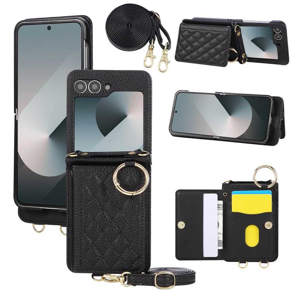 For Samsung Galaxy Z Flip7 FE 5G/Z Flip6 5G Case Kickstand Rhombus Leather+TPU Phone Cover with Shoulder Strap