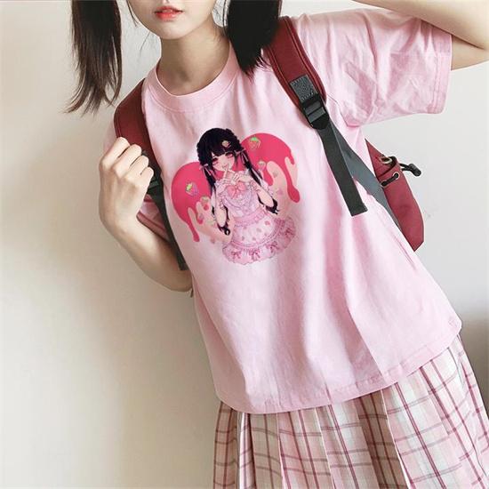 Japan Streetwear Pink Cute Cartoon College Sweet Girls Top Harajuku Summer Anime Fun Kawaii Casual Ulzzang Vintage Women T-shirt