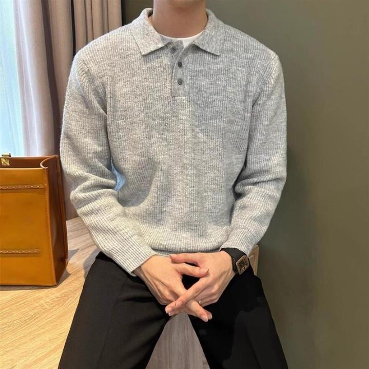 Men's Knit Sweater Autumn Winter Pullover Korean Soft Heavyweight Knit Polo Sweaters Minimalist Long Sleeve Solid Casual Top