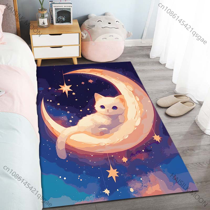 New Product White Cat On Crescent Moon Carpet for Living Room Bedroom Bedside Floor Mat Cloakroom Children Playing Mat Area Rug