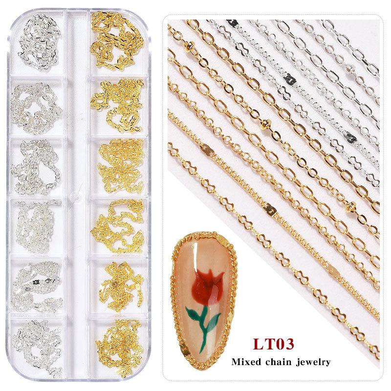 Nail Art Jewelry, Small Chain 12 Boxed Gold And Silver Diy Decorative Nail Sticker Metal Chain
