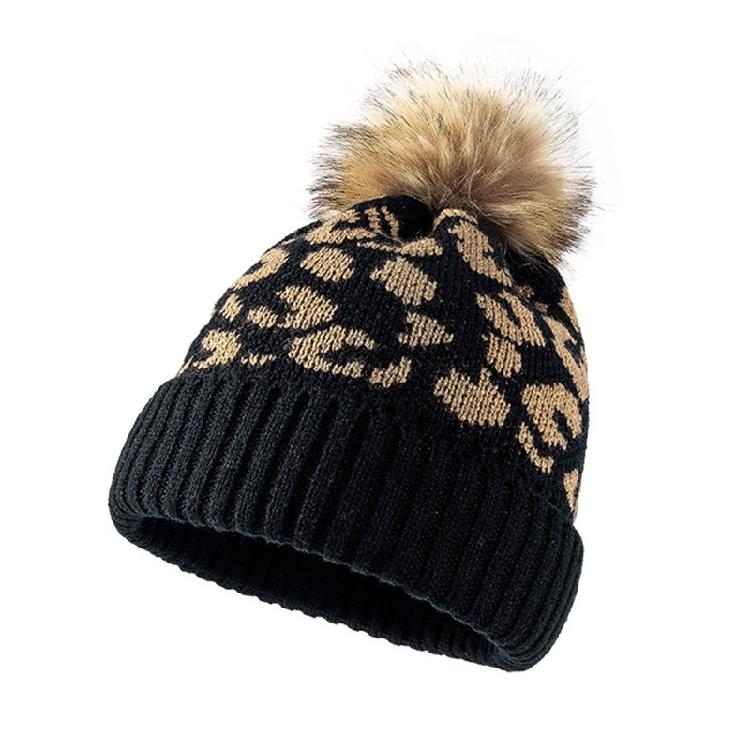 Leopard-print Knitted Wool Cap for W/Pompon Women Beanie Outdoor Casual Winter H