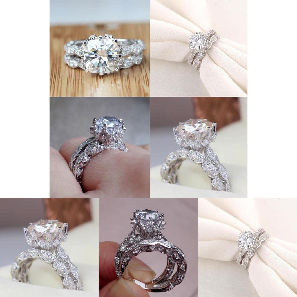 Dazzling White Sapphire Crown Ring Set Silver Plated Antique Style For Engagement