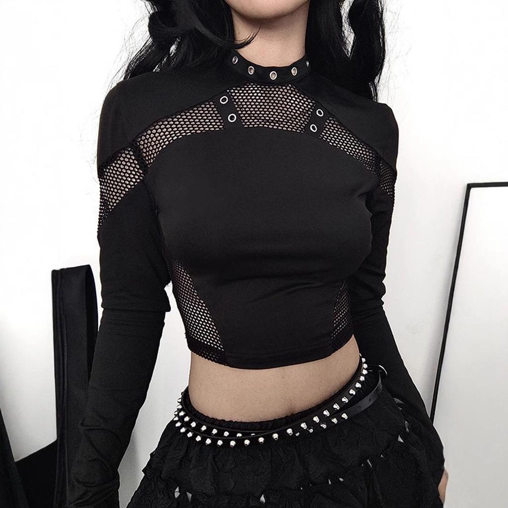 Y2K Women's Punk Mesh Cutout Long Sleeve Slim T-shirt