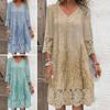 Summer Women Dress V Neck Hollow Out Lace Buttons Three Quarter Sleeves Embroidery Solid Color Loose Knee Length Retro Midi Dress