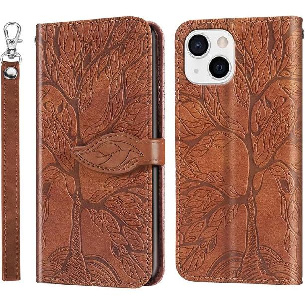 Совместимый с iPhone 13 Чехол-кошелек Женский Кожаный Книжка с Ремешком на Запястье Подставка Магнитный Ударопрочный с Держателем для Карт Защитный Чехол для iPhone коричневый
