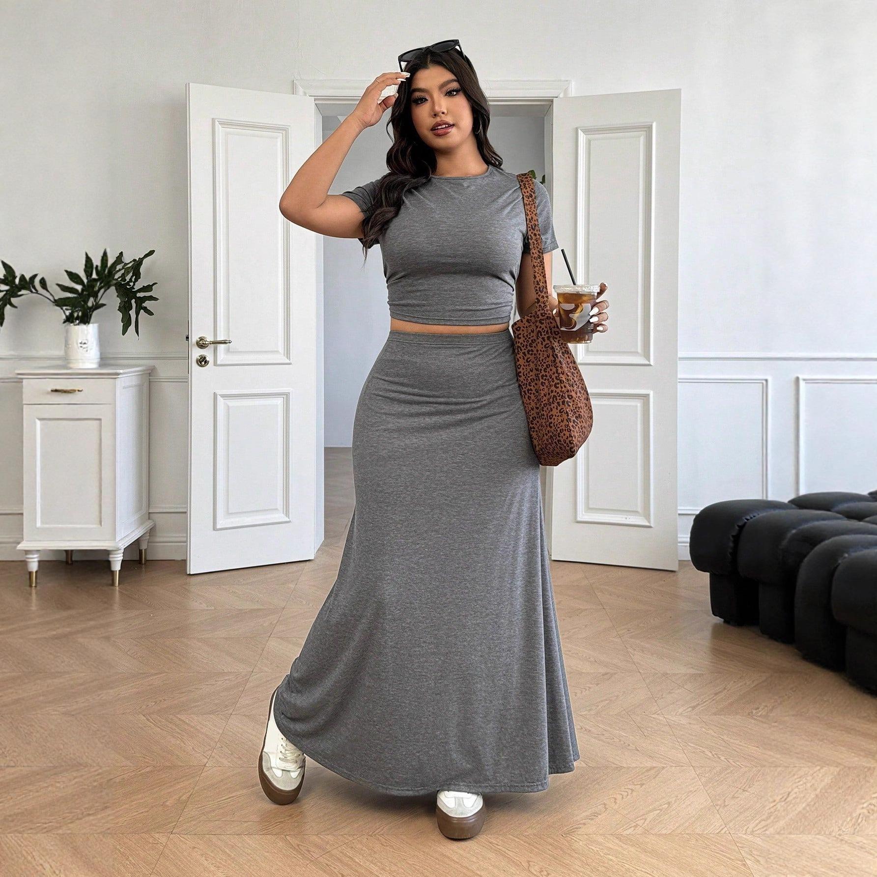 

Новый Модный Комплект: Приталенная футболка с круглым вырезом и широким подолом юбки. Элегантный комплект юбки-годе длиной до середины икры. XL серый