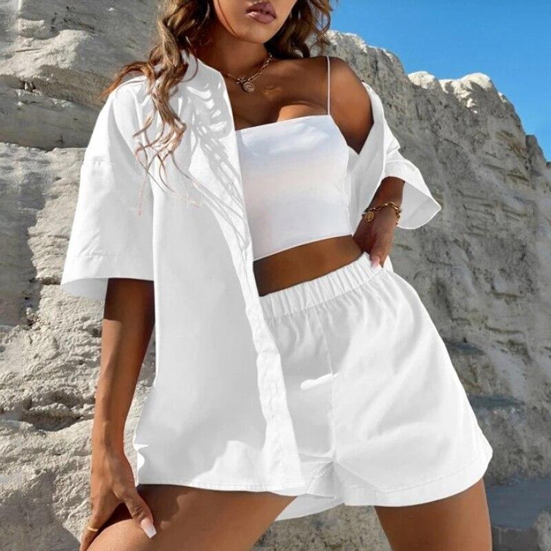 Fashion Casual 2 Piece Sets Women Summer Cotton Shirt And Shorts Suit Short Sleeve Solid Color Long Blouse Elegant Outfits