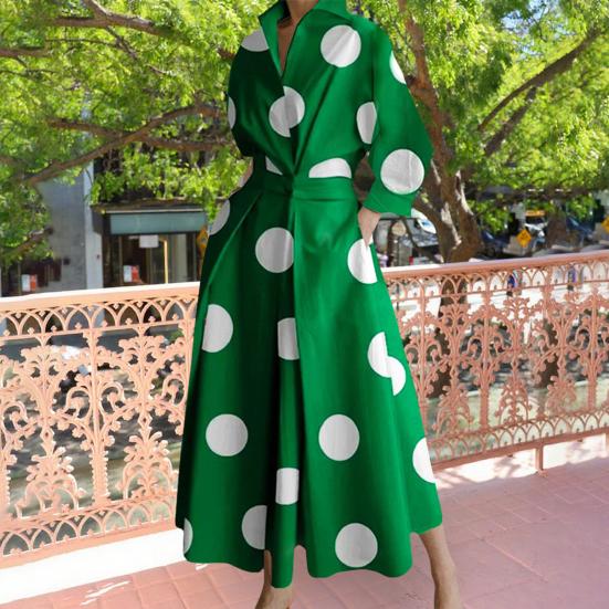 Women's Boho One Button Wrap Shirt Dress Polka Dots Print Long Sleeve Maxi Dress Lapel Collared V-neck Long Swing Dress