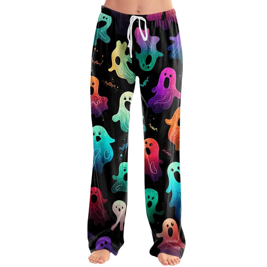Damen Halloween Print Kordelzug Hose Lässige Lounge Hose Elastische Taille Entspannte Passform Volle Länge Weicher Stoff