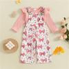 Autumn Fashion Newborn Baby Girls Clothing Set Solid Color Long Sleeve Ribbed Romper with Floral Print Overalls 2Pcs Outfit