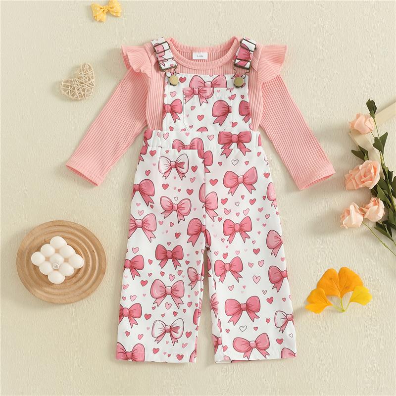 Autumn Fashion Newborn Baby Girls Clothing Set Solid Color Long Sleeve Ribbed Romper with Floral Print Overalls 2Pcs Outfit