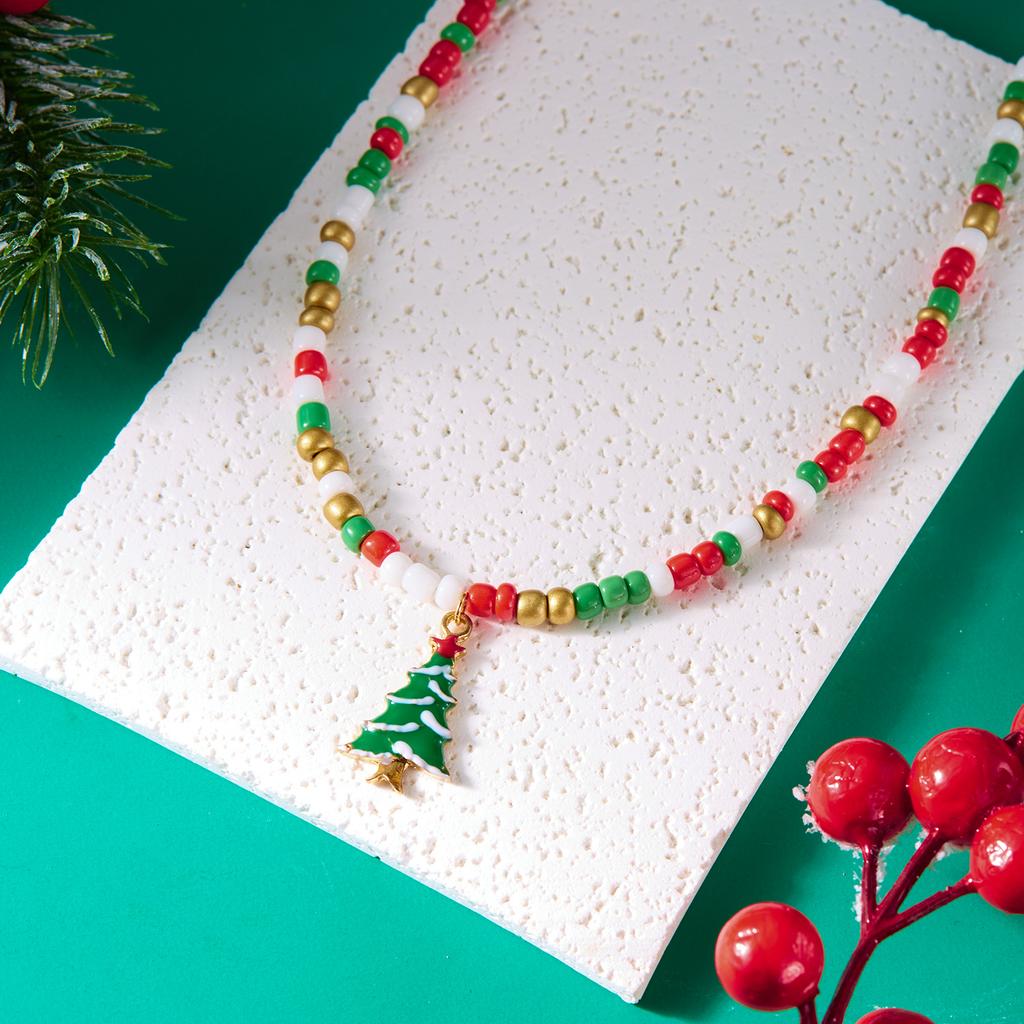 Merry Christmas Rice Beads Necklace For Women Girls Christmas Tree Snowman Santa Claus Crutch Clavicle Choker Xmas Jewelry Gifts