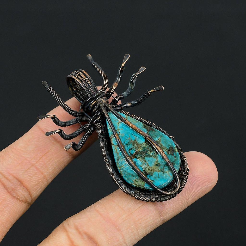 Tibetan Turquoise Pendant, 999 Copper Wire Wrapped Gemstone Spider Shaped Jewelry, Handmade Pendant, For Thanksgiving