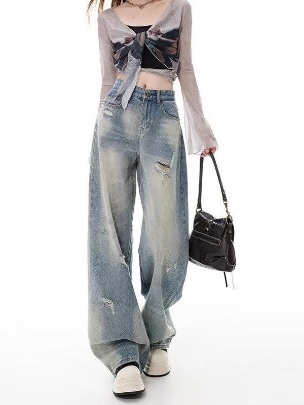 Women's High Waist Retro Ripped Jeans, 2024 Autumn/Winter Collection - Loose, Slimming Straight Wide-Leg Floor-Length Pants