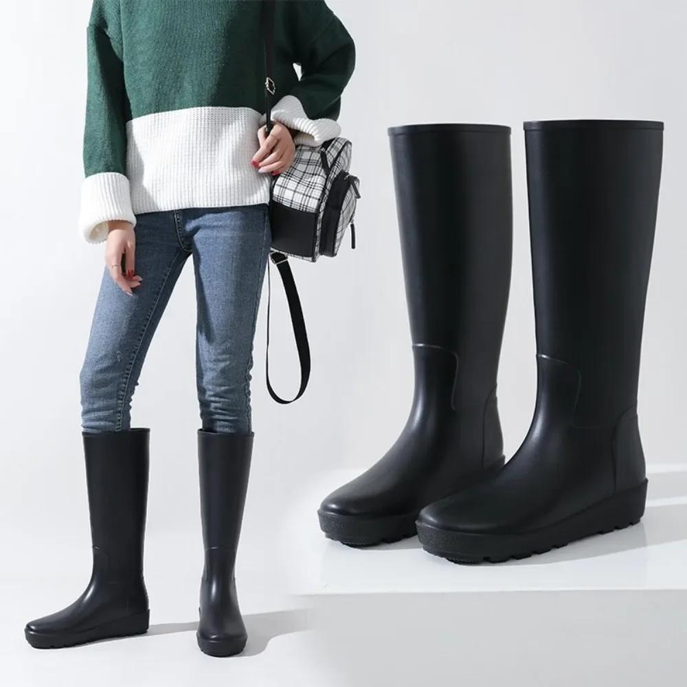 High Tube Women's Rain Shoes PVC Rain Boots with Sloping Heels Soft Horse Boots Long Tube Water Shoes Women's Rubber Shoes