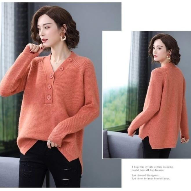 Spring and Autumn Women's V-Neck Sweater Loose Plus Size Knit Sweater Split Pullover Knit Tops Jumper
