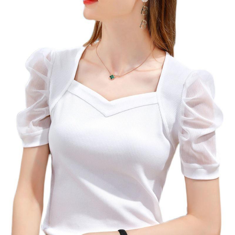 Women's 2025 French Court Puff Sleeve Ice Silk T-Shirt - Trendy Summer Short-Sleeve Top