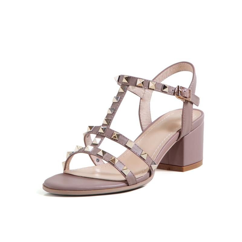 

Модные женские новые весенне-летние туфли с круглым носком из натуральной коровьей кожи, с металлическими заклепками, на высоком каблуке, с широким эластичным ремешком, римские сандалии 43 лавандовый