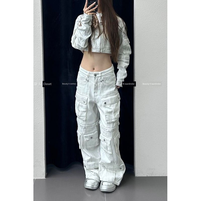 

Модный стиль Хай-стрит Брюки карго с несколькими карманами Детские Летние Новинка Сексуальные Выстиранные Брюки-швабры Серебристо-белого цвета Cargo Pants S