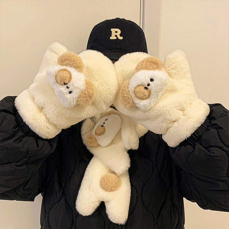 Warm fluffy plush gloves scarf two-piece set thickened cold-proof artifact cute puppy gloves