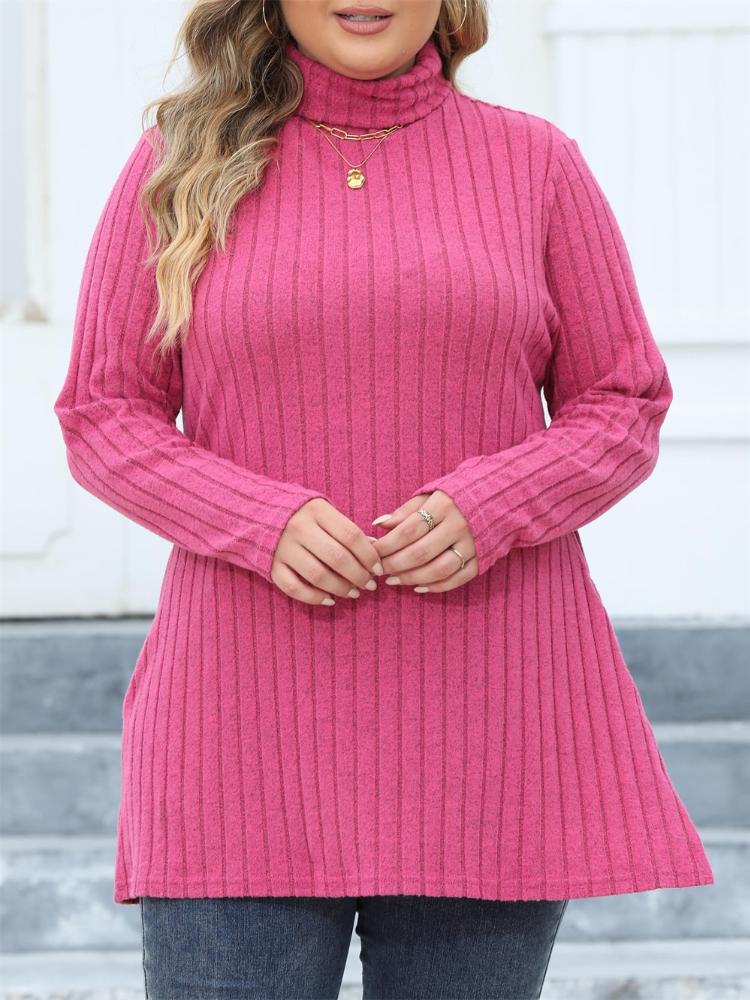 Casual Side Split Knit Long T-Shirt Women Spring Turtleneck Long Sleeve Y2K Tops Female Simple Design Vintage Streetwear Tee 2024