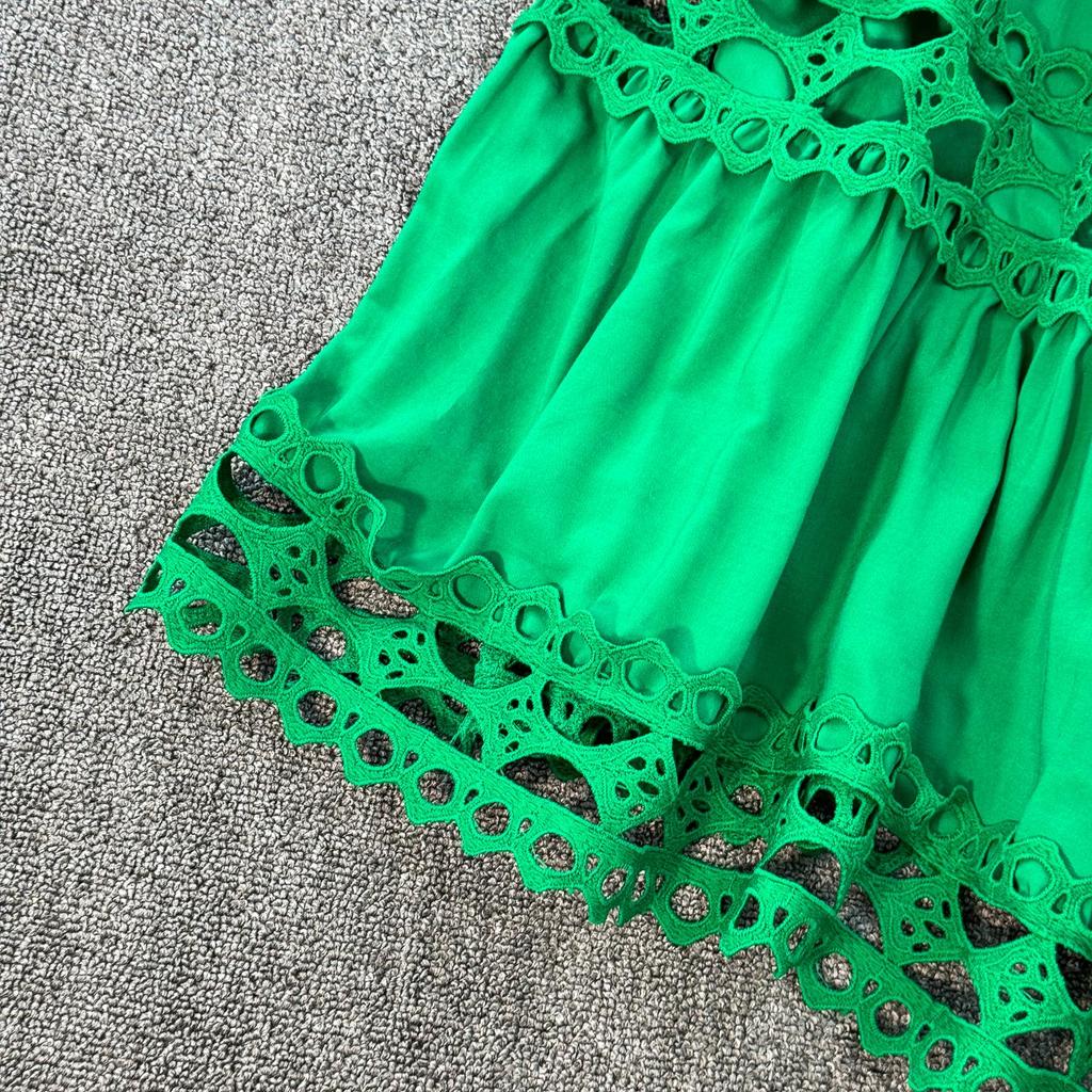 Elegant Crochet Lace Dresses for Women Hollow Out O Neck Lantern Sleeve A Line Belted Vestidos Court Style Dress Dropship