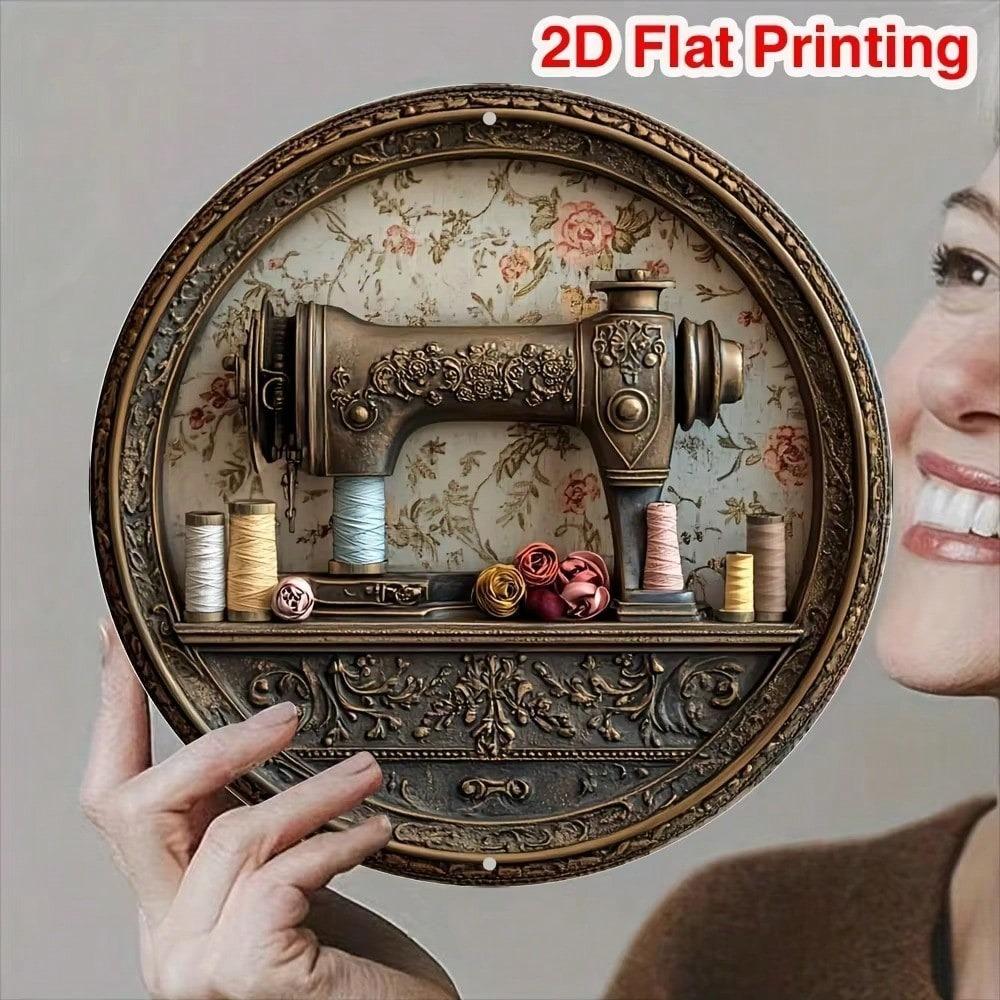 Vintage Sewing Machine Metal Wall Art Round Kitchen Decor Christmas Gift