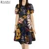 ZANZEA Women Summer Round Neck Short Sleeve Printing Loose Casual Dress