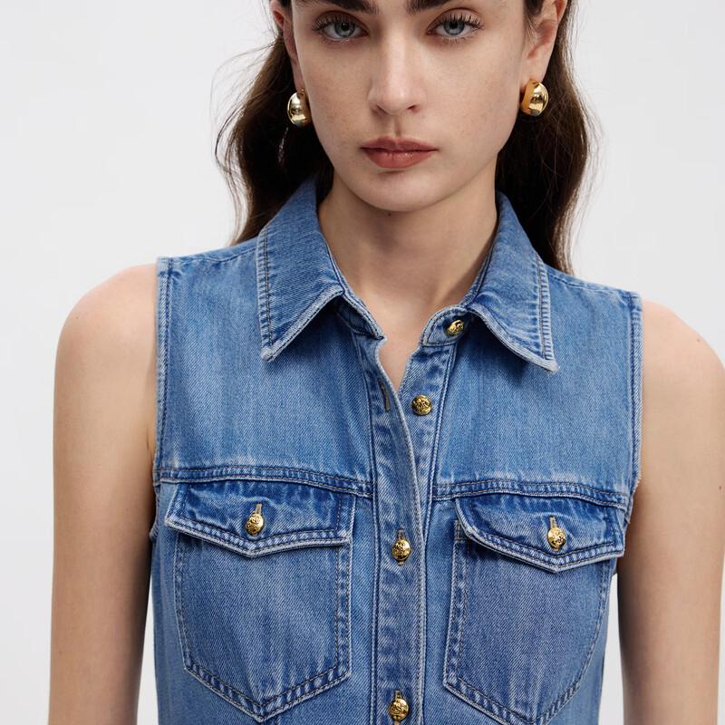 LANCY 25 Sleeveless Umbrella Hem Denim Shirt Dress
