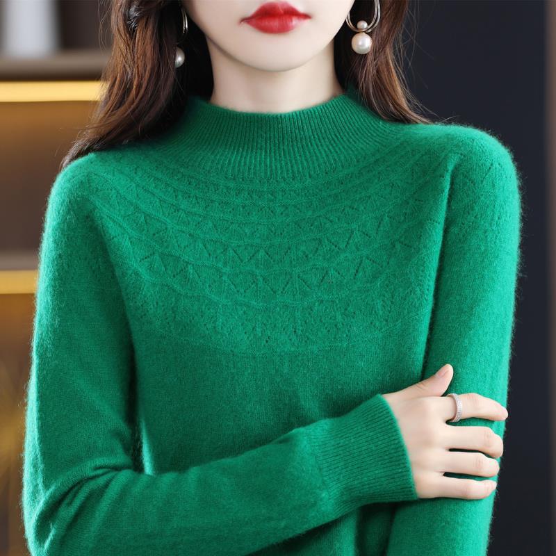 Women's Slimming 100% Wool Half-High Neck Sweater, Seamless Cashmere Knit Base Layer, Autumn Winter Loose Top with Hollow-Out Design
