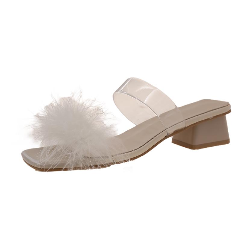 Cool slippers 2025 summer thick heel open-toed fluffy shoes transparent crystal high heels niche beautiful fashion cool slippers