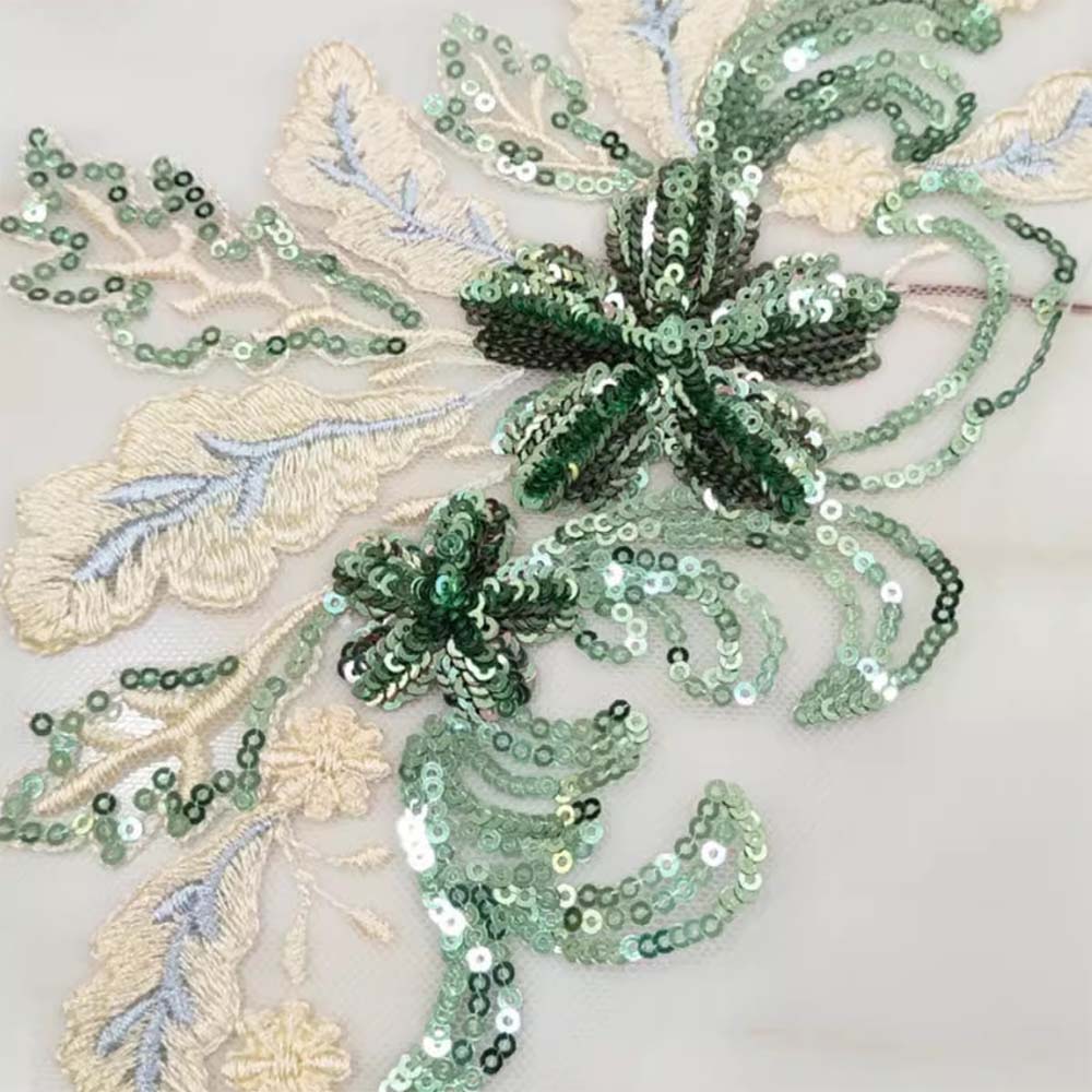 1 Pair Blue Green Flower Sequins Embroidered Patches Wedding Appliques DIY Sew Patch Dress Decoration