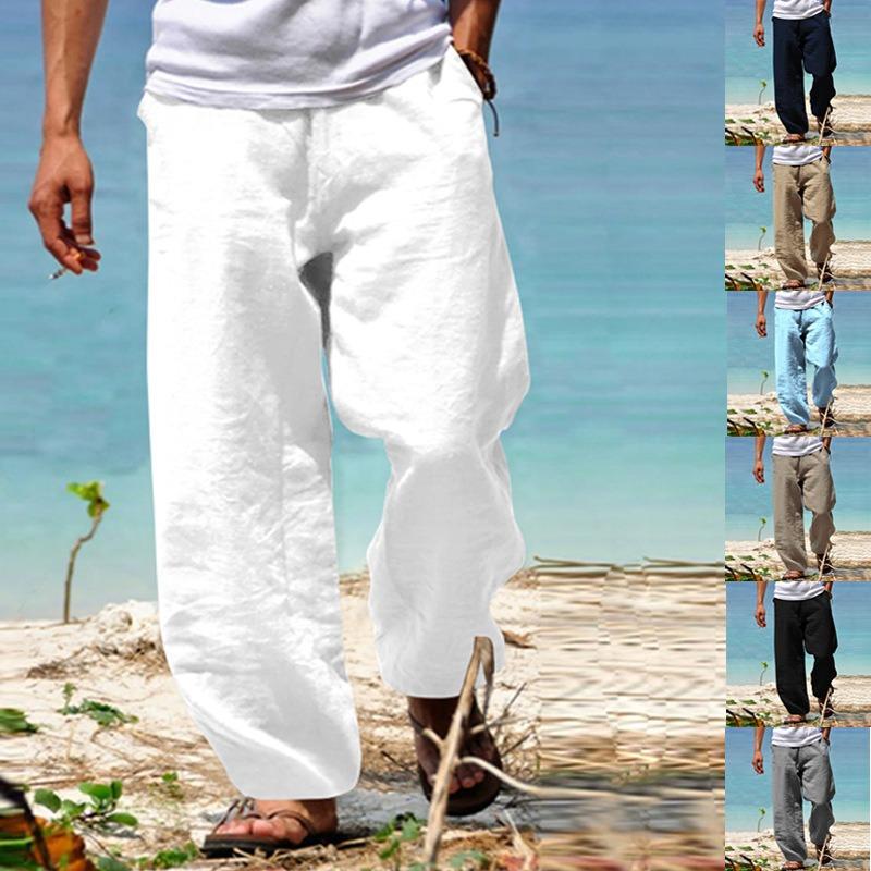 Spring and summer men's trousers solid color thin cotton and linen casual straight pants high waist shows long legs