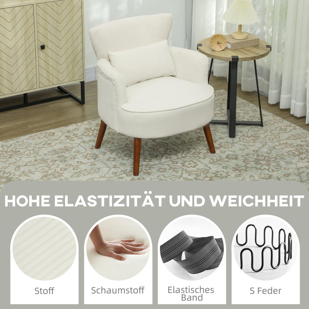 Modern Armchair, Upholstered Accent Chair with Lumbar Cushion, Rubberwood Legs, Cream White