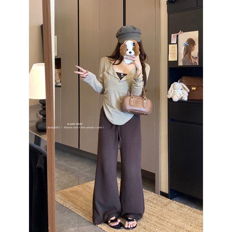 Kumikumi Temperament Half-Open Collar Long sleeves Shirt Inner wear Halter Top Women Autumn Slimming Casual Pants Three-Piece Set