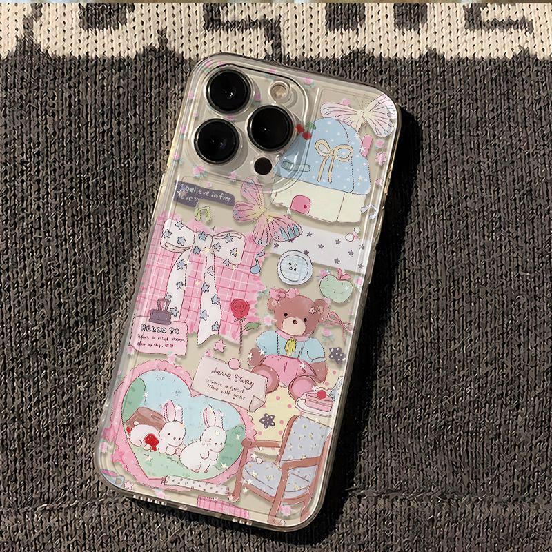 Transparent Space Heart Mushroom Rabbit Phone Case for iPhone 16/15/14/13 Pro Max