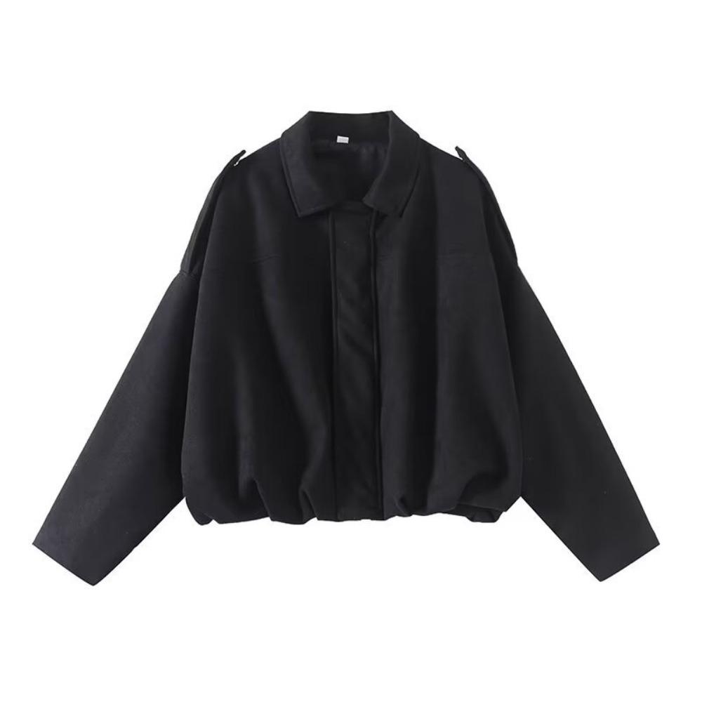 Women's Point Collar Long Sleeve Bomber Jacket Loose Fit Casual Suede Cropped Zip Up Outerwear Spring Fall Fashion Coat