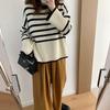 Korean Fashion Striped Knitted Pullover Sweater Women Autumn and Winter New Casual Simple Retro Loose Outside Wearing Long Sleeve Loose Crew Neck Tops
